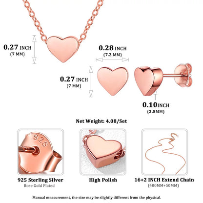 925 Sterling Silver Heart Necklace and Stud Earrings Sets for Women Jewelry Collection Birthday Gift - Rose Gold