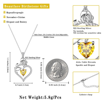 925 Sterling Silver Rose Heart Necklace,Rose Flower Pendant Necklace Jewelry Birthday Christmas Valentines Gifts for Women-June