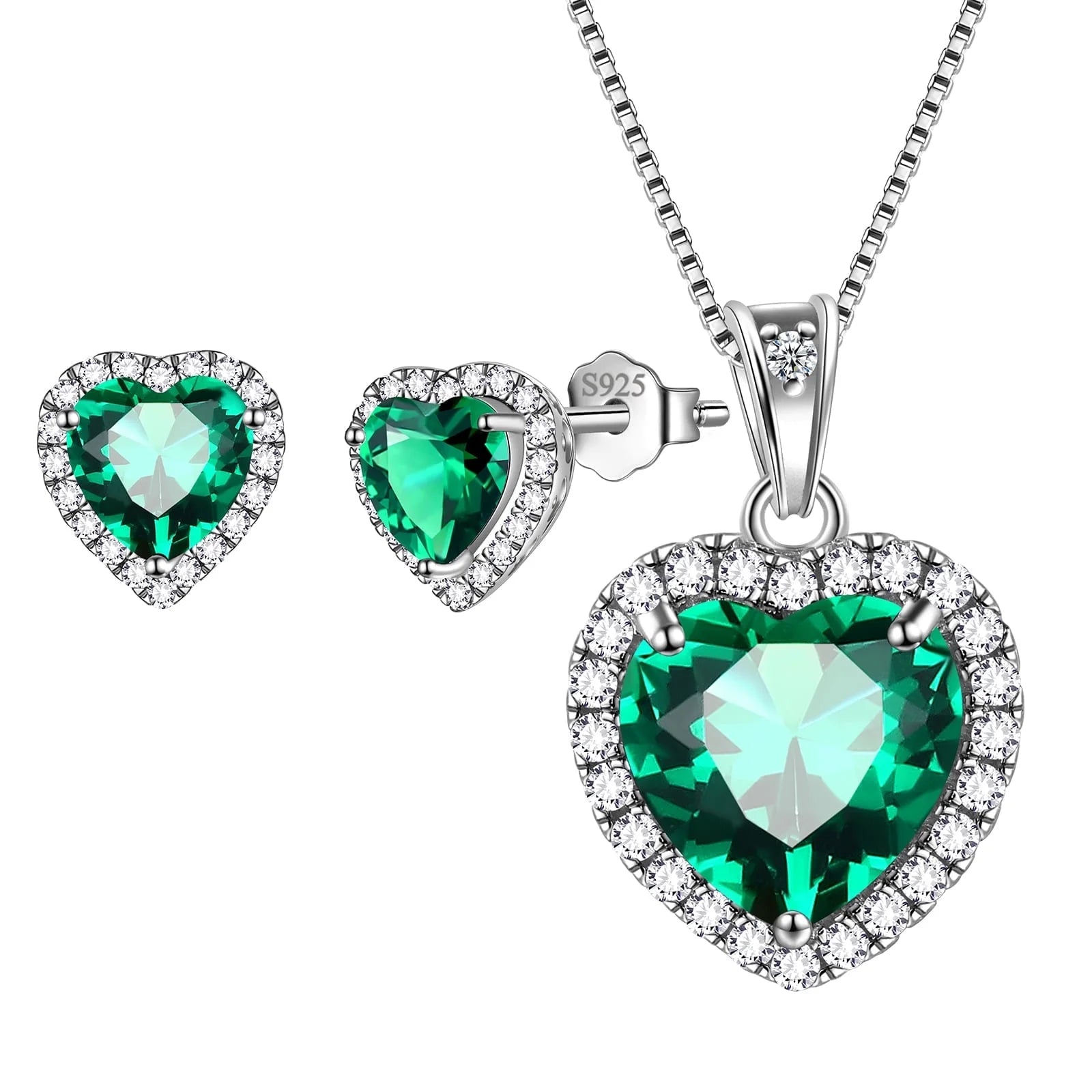 May Birthstone Jewelry Sets for Women, Green Heart Jewelry Set Emerald Necklace Earrings 925 Sterling Silver Fine Jewelry Birthday Mother'S Day Gifts