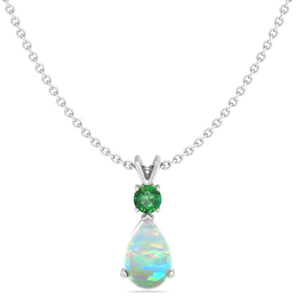 Jewelry Set for Women, Natural Pear Shaped 7X5Mm Opal and 3Mm Created Emerald Pendant Necklace and Matching Pear Shaped Opal and Emerald Stud Earrings